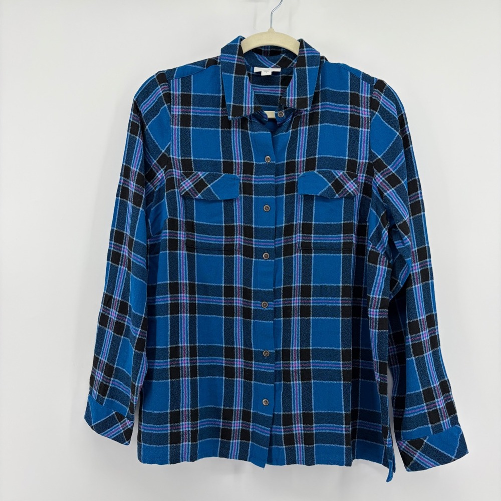 J. Jill Plaid Button‎ Down Shirt Blue Women Size S Viscose Cotton Long Sleeve